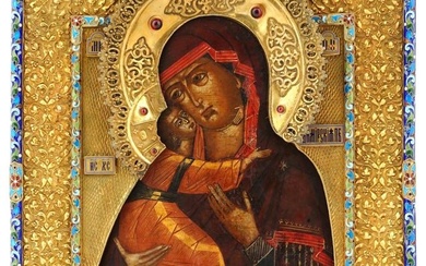 RUSSIAN ICON MOTHER OF GOD IN SILVER ENAMEL OKLAD
