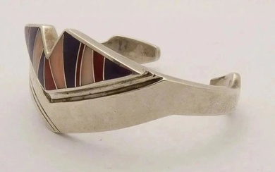 Ray Tracey Navajo Handcrafted Bracelet .925 Sterling Silver Red & Purple Coral