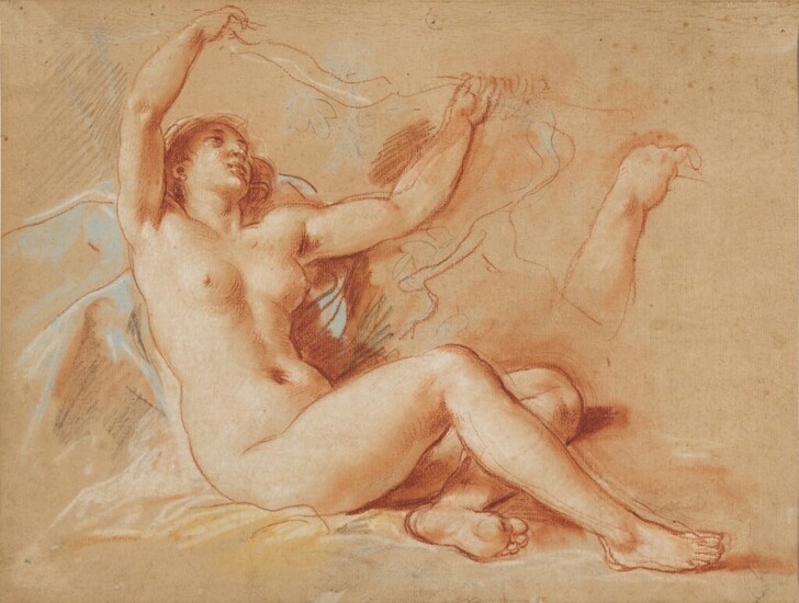 Reclining female nude with her arms raised, a separate study of her right arm, French School, 18th Century