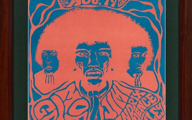 Richard Tolmach, Jim Salzer Presents at Earl Warren, Aug 19, 1967, Jimi Hendrix Experience, Tim Buckley, Moby Grape, Captain Speed, etc., Lithograph poster, 57 x 42 cm, frame 74 x 60 cm