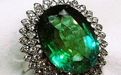 Ring - 14 kt. White gold Emerald - Zambia - Diamond