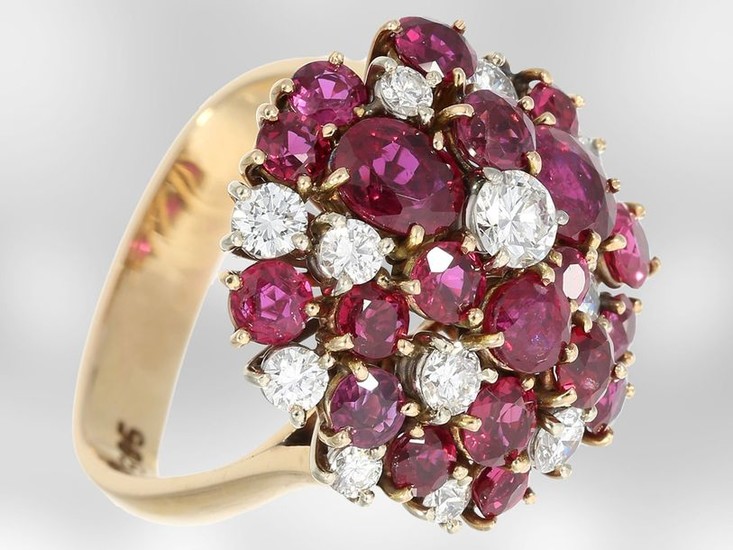 Ring: fancy 14K gold vintage ruby/brilliant cocktail ring,...