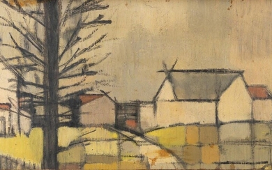 Robert Frame, Scottish c.1922-1989 - Landscape in yellow; oil on board, 24 x 51 cm (ARR) Provenance: the Estate of the Artist; private collection Note: Scottish artist Robert Frame, studied in Jankel Adler¬•s studio in Glasgow together with his...