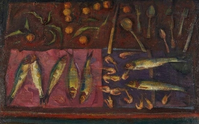 Robert Organ, British b.1933 - Herrings, 1984-85; oil on canvas, signed and dated on the reverse 'Robert Organ 84-85', 107 x 106.2 cm (ARR) Provenance: with Browse & Darby, London (according to the label attached to the reverse); private...