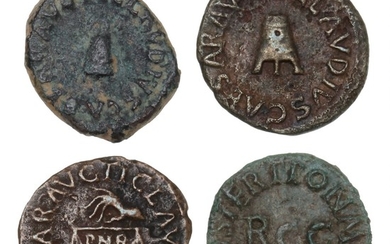 Roman Empire, Caligula, 37–41 AD, Quadrans, RIC 52, Sear 1804; Claudius, 41–54 AD, Quadrans, RIC 84, 85, 90, Sear 1863, 1864, 1865. (4)