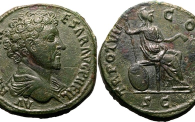 Roman Empire Marcus Aurelius (Caesar) AD 152-153 Æ Sestertius About Extremely Fine; cleaning marks, splendid portrait and green patina