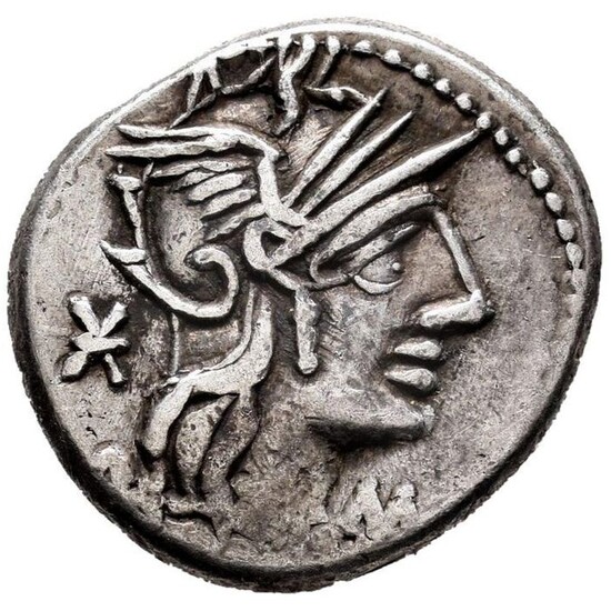 Roman Republic. N. Fabius Pictor, 126 BC. AR Denarius,Rome - Pictor seated on shield.