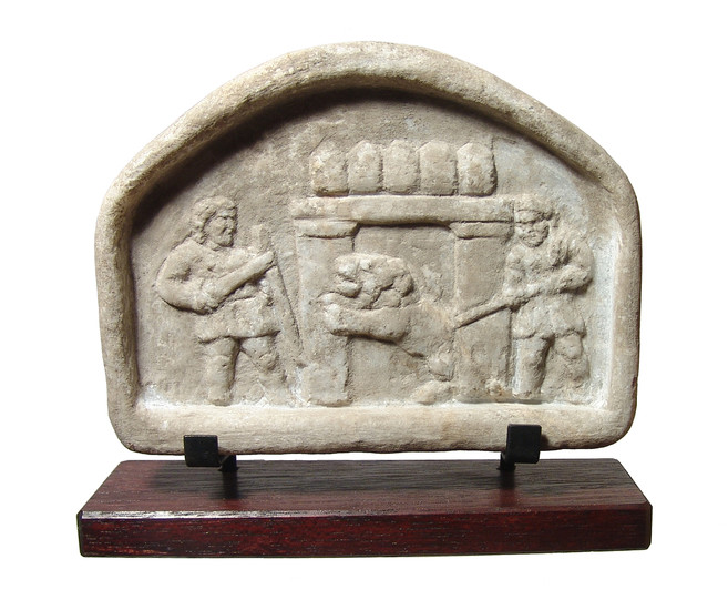 Roman marble relief plaque depicting gladiatorial scene