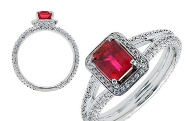 Ruby Emerald Cut And Diamond Ring 18k White Gold