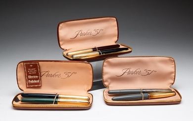 SIX VINTAGE PARKER 51 FOUNTAIN PENS, PAIRED AND IN BOXES.