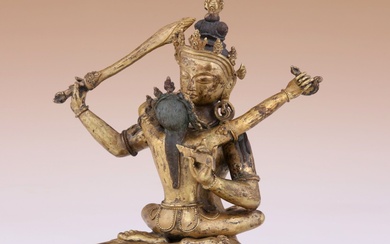 STATUETTE de Manjushri tenant son épée, avec sa Shakti (Bodhisattva de la Sagesse) Travail sino-tibétain,...
