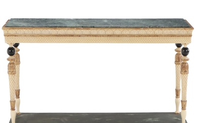 SWEDISH STYLE PAINTED AND GILT CARVED CONSOLE TABLE WITH MARBLE...