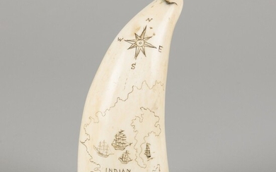 Scrimshawed sperm whale tooth from its lower jaw, marine-ivory, 19th century.