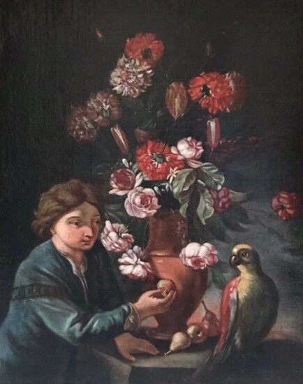Scuola lombardo-veneta del XVIII secolo - Still life with flowers and parrot