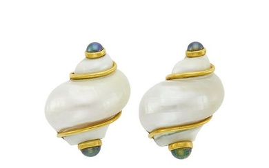 Seaman Schepps Pair of Gold, Shell and Black Cultured Pearl 'Turbo Shell' Earclips