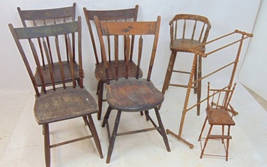 Set 4 assembled country chairs, childs chair , doll chair & towel rack