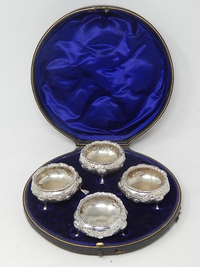 Set of Four Victorian Silver Cauldron Salts with Rococo deco...
