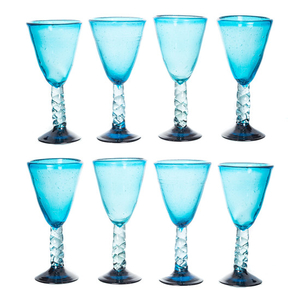 Set of eight blow blue glass stems