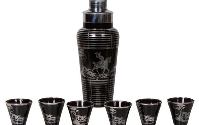 Seven Piece Silver Overlay Dark Purple Glass Cocktail Set, early 20th c., Shaker- H.- 11 in., Dia.
