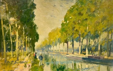 Signed Impressionist Oil Painting Fishermen Banks Green Canal Poplar Trees