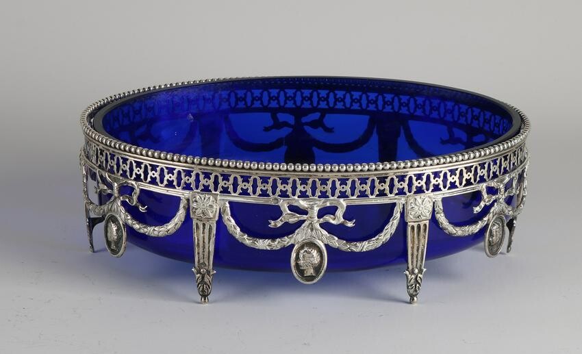 Silver jardiniere, 833/00, with blue glass inner