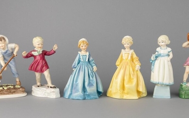 Six Royal Worcester porcelain figures, Monday's Child, Saturday's Child, Wednesday's Child and January, 6 1/2 in. (16.5 cm.) h.