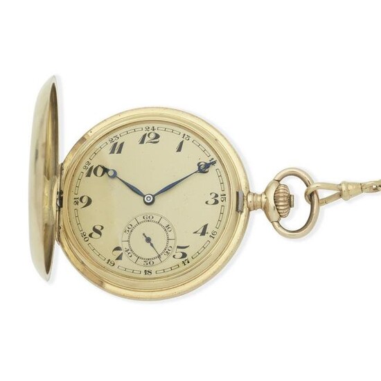 Sola. A 14K gold keyless wind full hunter pocket watch with chain