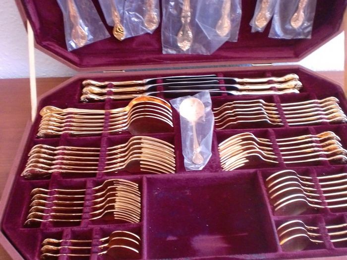 Solingen- 56-piece PLANETA luxury gold cutlery "Baroque" in original box with fish cutlery (56) - 23/24 carat gold plated, 1000 pure gold original price 1750 €