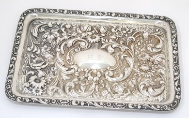 Sterling Silver Antique English 1901 Floral Repousse Small Decorative Tray 11.5"
