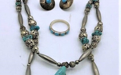 Sterling and Turquoise Double Necklace, Ring & Earrings