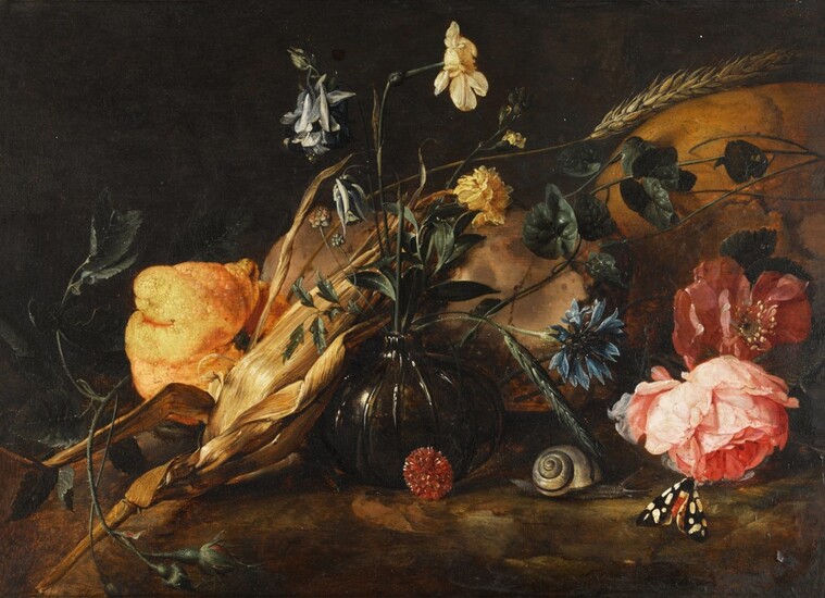 Still life with flowers in a glass vase, a lemon, an ear of corn, with a snail and butterflies beside a skull | 《靜物：玻璃瓶花與檸檬、玉米穗、蝸牛和骷髏旁的蝴蝶》, Jan Davidsz. de Heem
