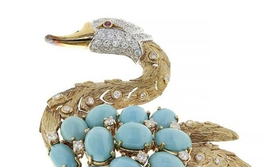 Swan-shaped brooch, in 18 kt two-tone gold, with the body of the bird with twelve turquoises, with a