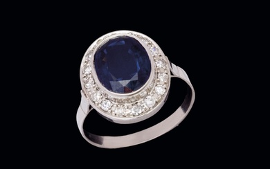 Synthetic sapphire and diamond platinum ring