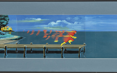 "THE FLASH" ORIGINAL PRODUCTION ANIMATION CEL WITH HAND PAINTED BACKGROUND, 1968, H 3 1/2", W 11 1/4", "THE FLASH ON THE RUN"
