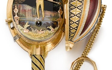 'THE TIGHTROPE DANCER' SWISS | A VERY RARE AND FINE GOLD, ENAMEL AND PEARL-SET MUSICAL MANDOLIN WITH AUTOMATON SCENE OF A TIGHTROPE WALKER IN ASSOCIATED DESOUTTER BOX CIRCA 1810