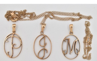 THREE 9CT GOLD INITIAL PENDANTS AND TWO CHAINS, three oval, ...