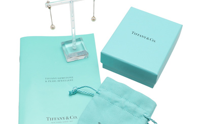 TIFFANY & CO. A PAIR OF SILVER AND CULTURED PEARL SET EAR PENDANTS.