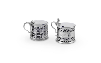 TWO GEORGE III SILVER PIERCED DRUM MUSTARD POTS BY ROBERT HENNELL I