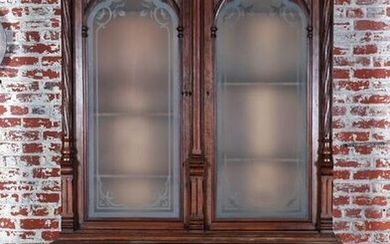 TWO-PART CARVED WALNUT GOTHIC STYLE CABINET 1890