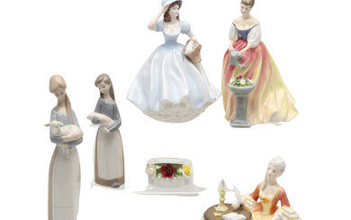 TWO ROYAL DOULTON FIGURINES, A COALPORT FIGURINE AND TWO LLADRO FIGURES.