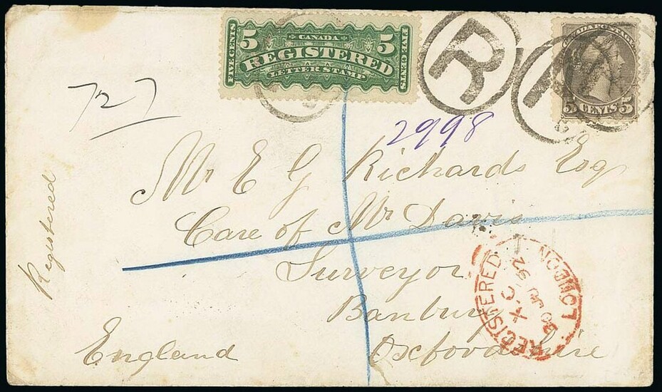 The Americas Canada Registered Letter Stamps 1892 (13 June) envelope "registered" to Banbury