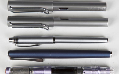 Three Lamy fountain pens, a Twsbi Diamond 580 AL R fountain pen and a Cross fountain pen, together w