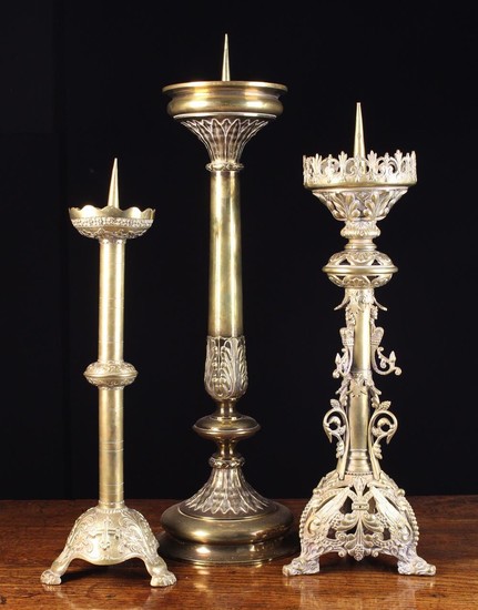 Three Large 19th Century Cast Brass Pricket Candlesticks: One Neo-Gothic with elaborately cast ornam