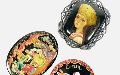 Three Russian Lacquer Handpainted Pins