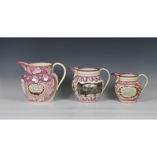 Three Sunderland pink lustre jugs, to include a large early ...