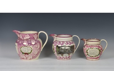 Three Sunderland pink lustre jugs, to include a large early ...