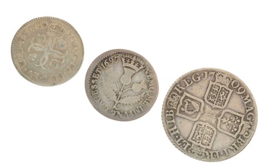 Three silver milled coins, Charles II, William III, and Queen Anne