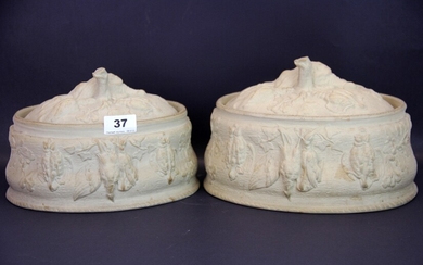 Two 18th /early 19th century biscuit ware porcelain game tureens, largest 23 x 1.5cm. A/F