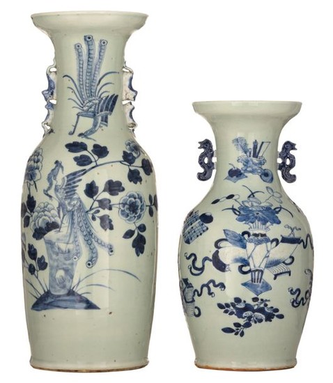 Two Chinese blue and white celadon ground vases,...
