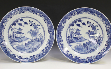 Two Chinese blue and white export style porcelain plates, Qianlong style but 20th century, painted w